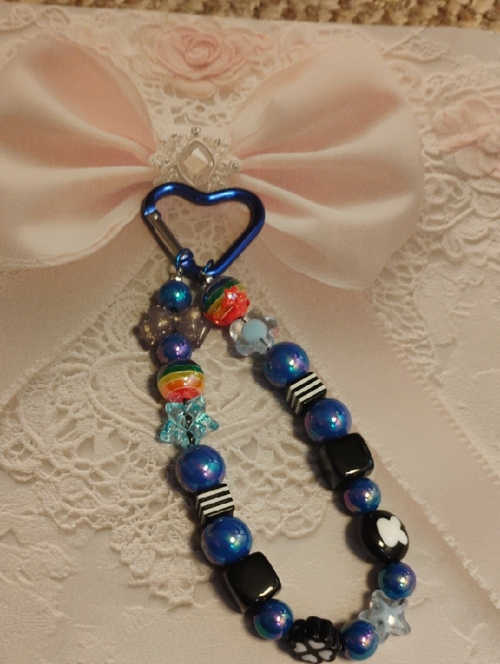 Kids Blue Beaded Keychain with Heart Carabiner